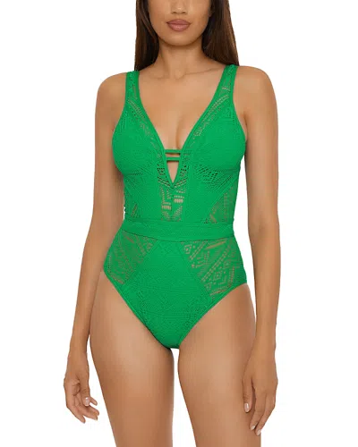 Becca By Rebecca Virtue Color Play Crochet Plunge One Piece Swimsuit In Emerald