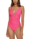 Becca By Rebecca Virtue Color Play Crochet Plunge One Piece Swimsuit In Pink Glow
