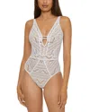 Becca By Rebecca Virtue Color Play Crochet Plunge One Piece Swimsuit In White/tan
