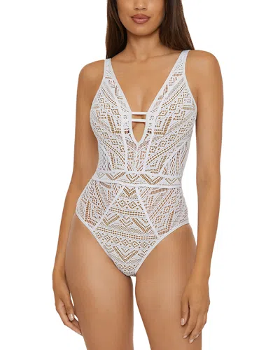 Becca By Rebecca Virtue Color Play Crochet Plunge One Piece Swimsuit In White/tan