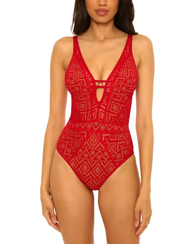 Becca By Rebecca Virtue Crochet Plunge One Piece Swimsuit In Red