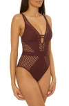 Becca Castaway Fishnet Plunge One-piece Swimsuit In Brown