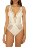 Becca Castaway Fishnet Plunge One-piece Swimsuit In Ecru