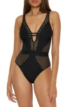 Becca Castaway Fishnet Plunge One-piece Swimsuit In Black