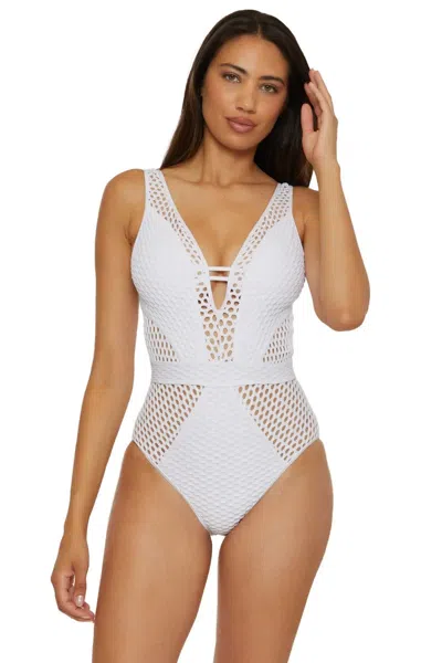 Becca Castaway One Piece Swimsuits Womens White Fishnet Textured Plunge Red372 In Multi