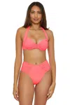 Becca Color Code Bikini Bottom Women's Coral Reef Ruched High Waist Buu270 In Pink