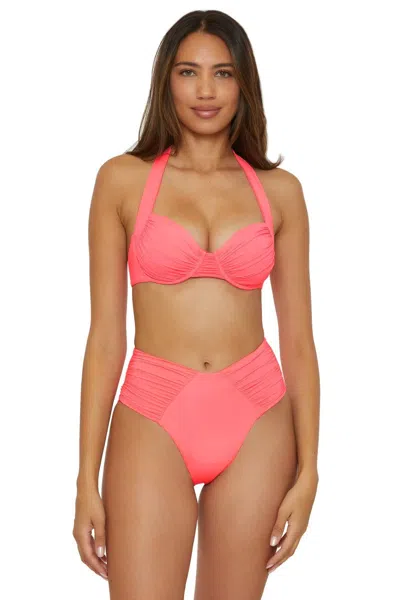 Becca Color Code Bikini Bottom Women's Coral Reef Ruched High Waist Buu270 In Pink