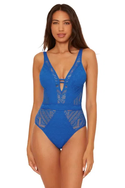 Becca Color Play Crochet Plunge One Piece Women's Blue Swimsuits Red155