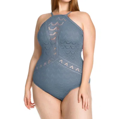 Becca Color Play Lace High Neck One Piece Swimsuit - Plus In Steel In Blue