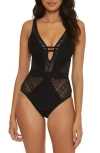 Becca Castaway Fishnet Plunge One-piece Swimsuit In Black