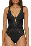 Becca Color Play Swimsuits Women's Black Crochet Plunge One Piece Red280 In Black