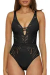 Becca Color Play Swimsuits Women's Black Crochet Plunge One Piece Red280 In Black