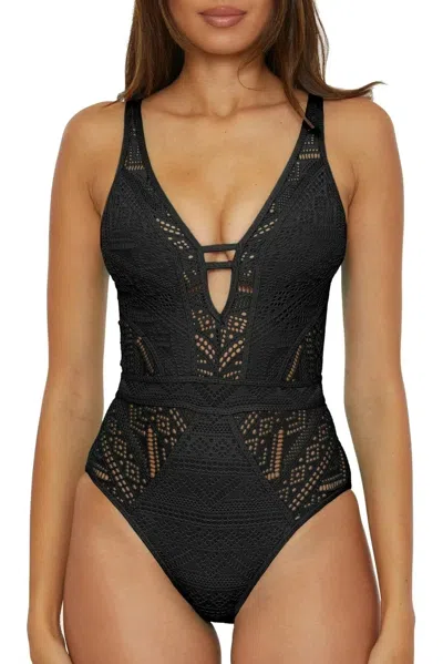 Becca Color Play Swimsuits Women's Black Crochet Plunge One Piece Red280