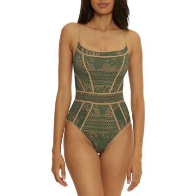 Becca Corset Inspired One-piece Swimsuit In Kelp/tan