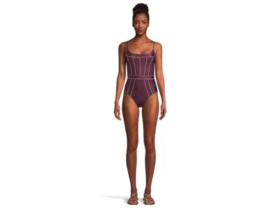 BECCA CORSET SWIMSUITS ONE PIECE WOMENS BROWN STRIPED STRETCH BEACH BUU367