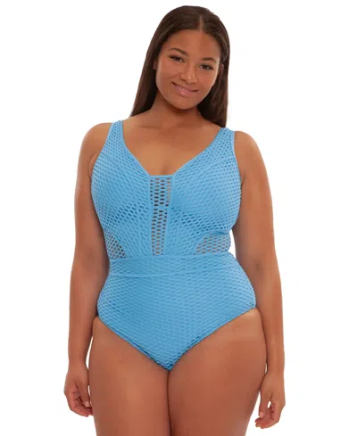 Becca Etc Plus Size Castaway Textured Fishnet One-piece Swimsuit In Blue