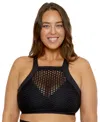 Becca Etc Plus Size Castaway Textured High-neck Bikini Top In Black
