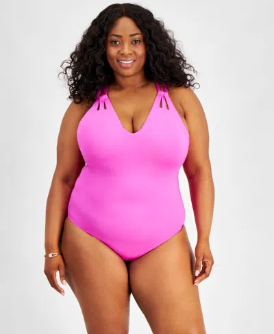 Becca Etc Plus Size Color Code Strappy One-piece Swimsuit In Vivid Pink