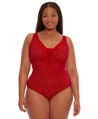 Becca Etc Plus Size Color Play Crochet Plunge One-piece Swimsuit In Red