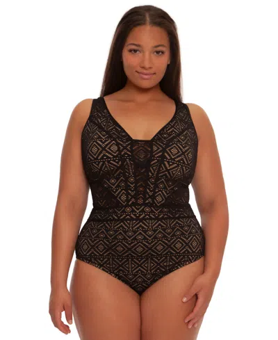 Becca Etc Plus Size Color Play Crochet Plunge One-piece Swimsuit In Black