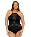 Becca Etc Plus Size Color Play Crocheted High Neck One-piece Swimsuit In Black