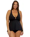 Becca Etc Plus Size Marble Canyon Ring Tankini Top In Black