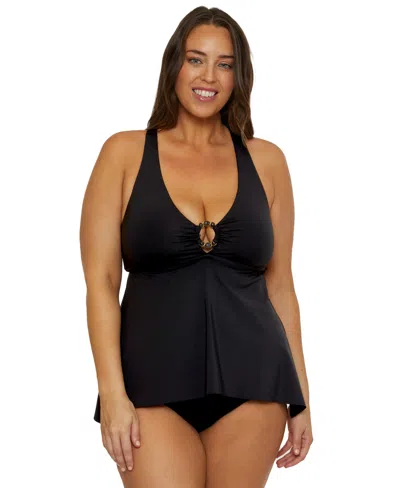 Becca Etc Plus Size Marble Canyon Ring Tankini Top In Black