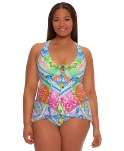 Becca Etc Plus Size Mijas Ring V Neck Tankini Top V Shirred Hipster Bottoms In Multi