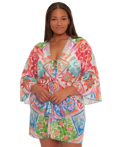Becca Etc Plus Size Mijas Tie Front Stretch Mesh V-neck Cover-up Tunic In Multi