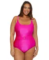 Becca Etc Plus Size Monte Carlo Ring Belted Rib One-piece Swimsuit In Azalea