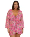Becca Etc Plus Size Polynesia Tie-front Tunic Swim Cover-up In Pink