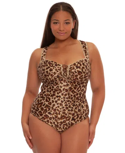 Becca Etc Plus Size Safari Leopard Metallic One-piece Swimsuit In Animal Print