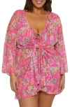 Becca Etc Plus Size Polynesia Tie-front Tunic Swim Cover-up In Pink