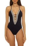 Becca Fiesta Plunge One-piece Swimsuit In Black