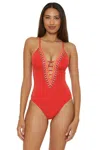 Becca Fiesta Swimsuit Women's Fire Stretch Clare Plunge One Piece Red294 In Multi