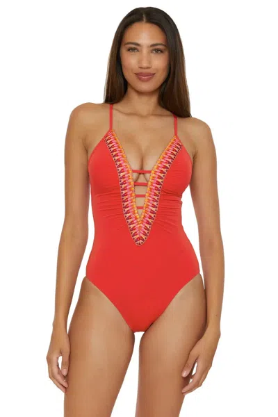 Becca Fiesta Swimsuit Women's Fire Stretch Clare Plunge One Piece Red294 In Multi