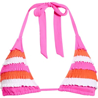 Becca Flamingo Smocked Ruffle Triangle Bikini Top In Pink