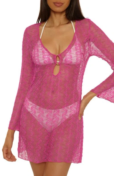 Becca Golden Riviera Long Sleeve Open Knit Cover-up Tunic In Pink
