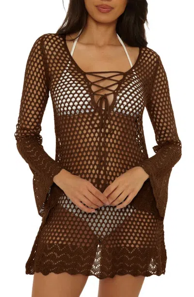 Becca Lace-up Plunge Neck Cover-up Dress In Brown