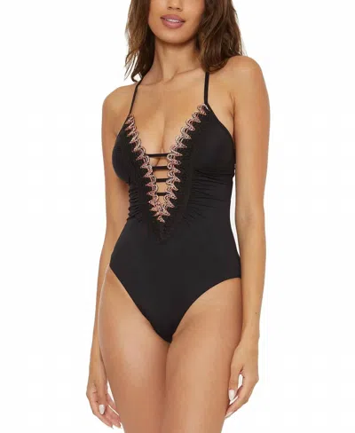 Becca Layla Plunging Crochet Trim Tie Back Swimsuit In Black