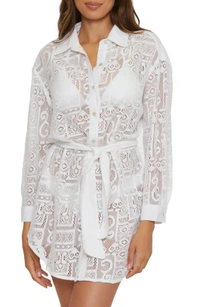 Becca Long Sleeve Sheer Lace Cover-up Shirtdress In White