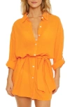 Becca Long Sleeve Tie Waist Cotton Shirtdress In Orange Burst