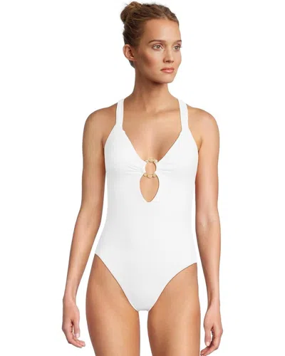 Becca Marble Canyon Swimsuit Womens White Cut Out Plunge One Piece Red291