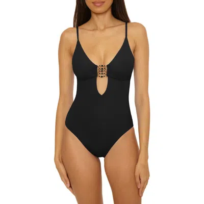 Becca Modern Edge Beaded Cutout Rib One-piece Swimsuit In Black
