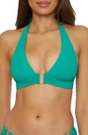 Becca Modern Edge Halter Top Women Peacock Stretch Ribbed Swimwear Buu518 In Burgundy