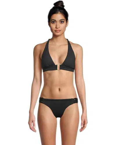 Becca Modern Edge Rib Mira Buckle Halter Top Women Black Swimwear Gbo2330