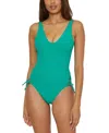 Becca Modern Edge Rib Sophie One Piece Womens Peacock Lace Up Swimsuits Red130 In Green