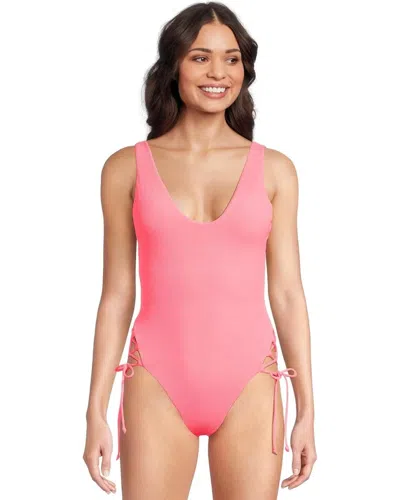 Becca Modern Edge Rib Sophie Swimsuit Women's Coral Reef Tie Side Ddr2807 In Pink