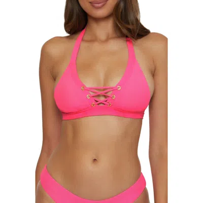 Becca Modern Edge Ribbed Lace-up Halter Bikini Top In Pink Glow
