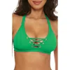 Shop Becca Modern Edge Ribbed Lace-up Halter Bikini Top In Verde